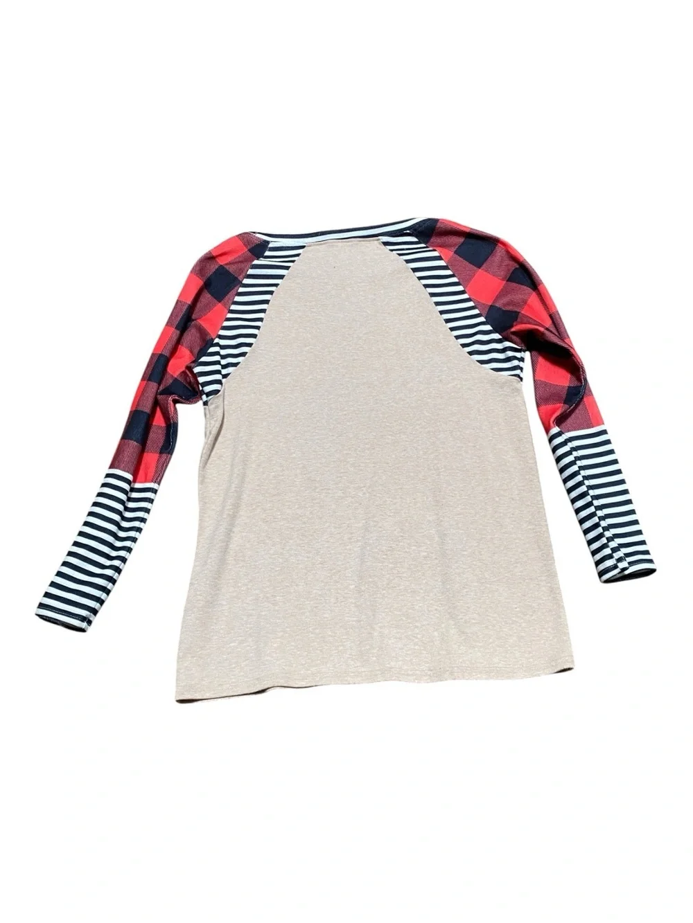 Fashion Nova Beige Raglan Top with Red Buffalo Plaid & Black-White Stripes - Picture 3 of 3